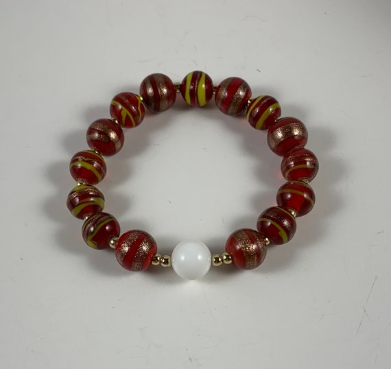 Handmade Red & Gold Swirl Glass and White Jade Bead Elastic Stretch Bracelet/Handcrafted White Jade and Red Glass Stretch Bracelet/Hot Gift!