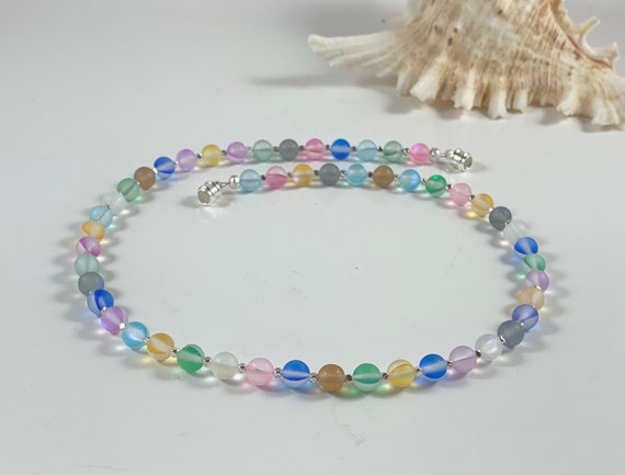 Handmade Multi Color Matte Glass and Silver Beaded Necklace/Handcrafted Mixed Matte Glass and Silver Bead Necklace/Rainbow Glass Necklace!!!