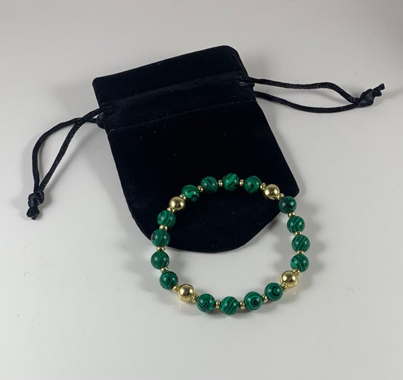 Handmade Malachite Stone and Gold Tone Bead Elastic Stretch Bracelet/Handcrafted Gold Tone and Malachite Stone Stretch Bracelet/Hot Gift!!!