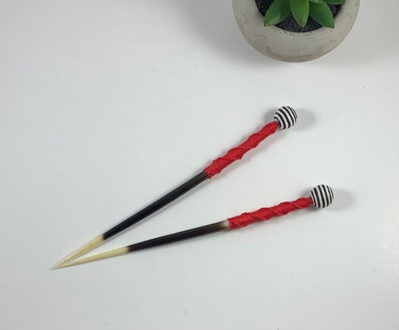 2-Handmade (8.5" Inch Long, Fat, and Light Weight) Red Bamboo Wrapped Porcupine Quill Hair Sticks Set with Cotton Tops/Hot Quill Jewelry!!!!