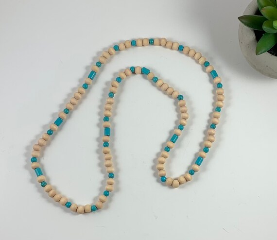 Handmade Wood and Semi Precious Turquoise Bead Necklace/Wood Statement Bead Necklace/Hot Gift!