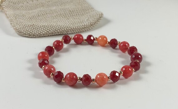 Handmade Red Quartzite and Red Crystal Glass Rondelle Stone Bead Elastic Stretch Bracelet/Red Quartzite Stone Bead Stretch Bracelet/Hot Gift