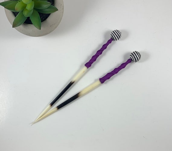 2-Handmade (8.5" Inch Long, Fat, and Light Weight) Purple Wrapped Porcupine Quill Hair Sticks with Cotton Tops/One Of A Kind Quill Jewelry!!