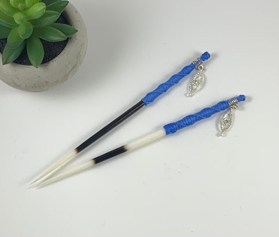 2-Handmade Blue (8"inch long and light weight) Bamboo Wrapped Natural Porcupine Quill Hair Pins Set/Hand Wrapped Porcupine Quills Set/Hot!