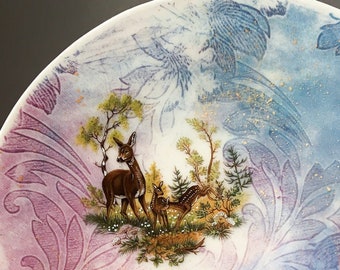 Large porcelain plate, with deer and fawn, unique