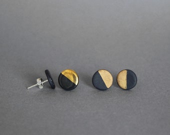 Black porcelain stud earrings, small dots