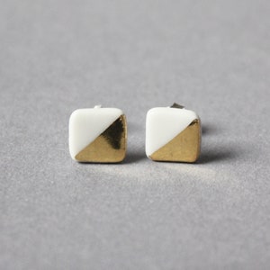 White porcelain stud earrings, half squares image 2