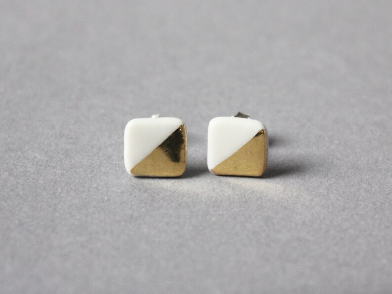 White porcelain stud earrings, half squares image 2