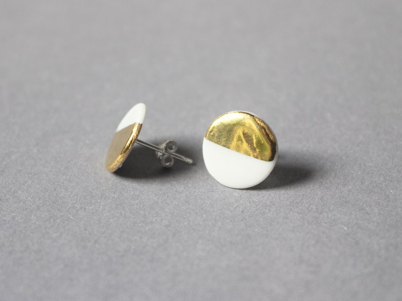 White porcelain stud earrings, small dots image 3