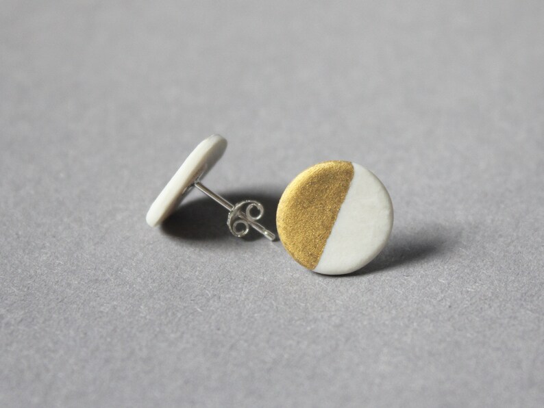 White porcelain stud earrings, small dots image 2