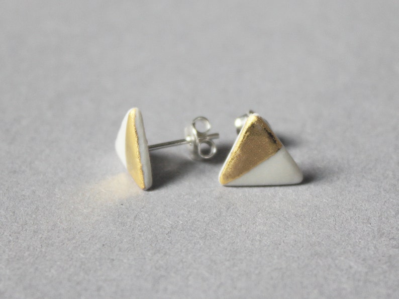 White porcelain stud earrings, half triangles image 3