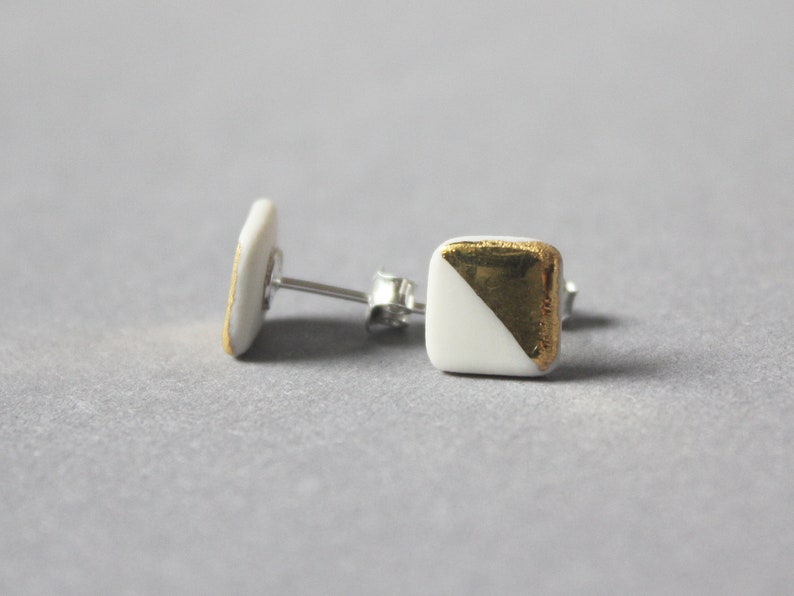 White porcelain stud earrings, half squares image 3