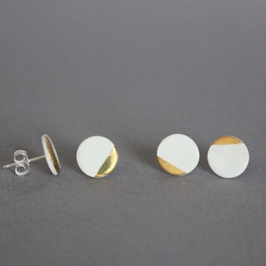 White porcelain stud earrings, gold dipped dots