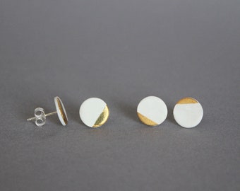 White porcelain stud earrings, gold dipped dots