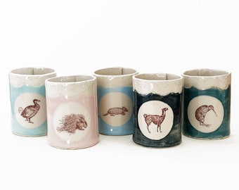 Handmade Ceramic Mugs, Mini Unique Animals (Set of 5)