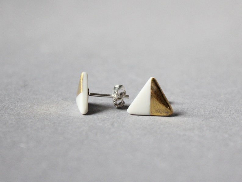 White porcelain stud earrings, half triangles image 2