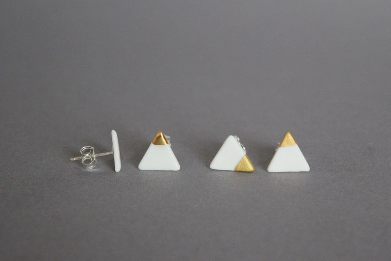 White porcelain stud earrings, gold-plated triangles image 1