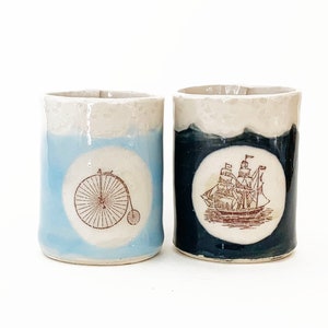 Handmade Ceramic Mugs, Mini Ship and Bike Set of 2 image 1