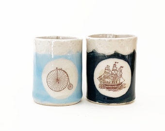 Handmade Ceramic Mugs, Mini Ship and Bike (Set of 2)