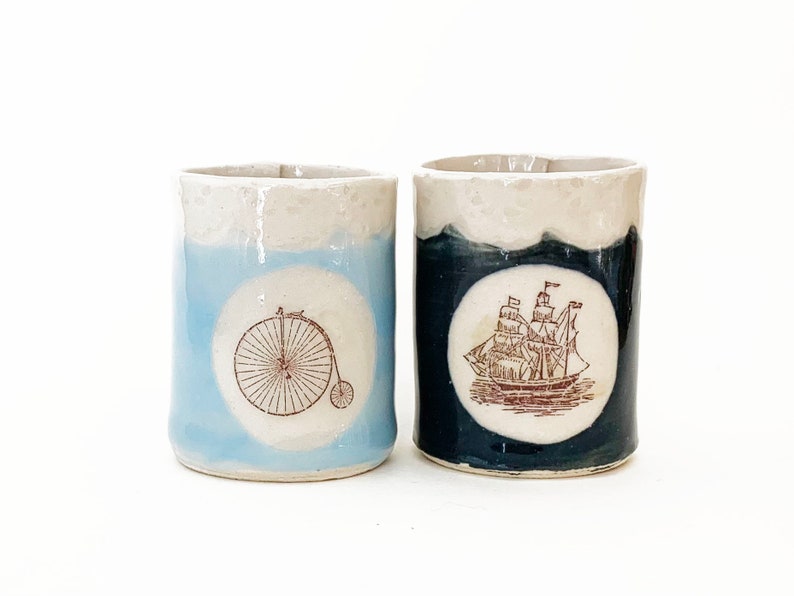 Handmade Ceramic Mugs, Mini Ship and Bike Set of 2 image 1