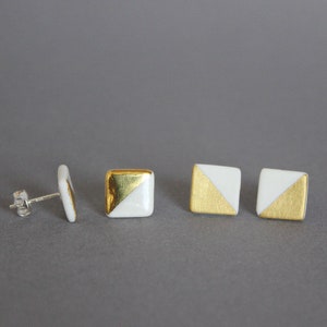 White porcelain stud earrings, half squares image 1