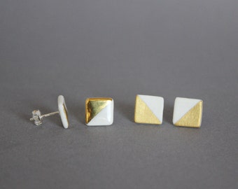 White porcelain stud earrings, half squares