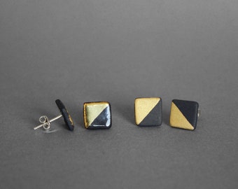 Black porcelain stud earrings, half squares