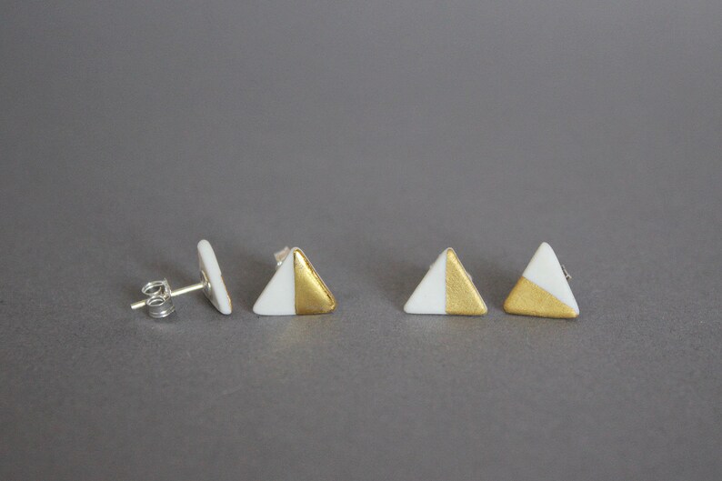White porcelain stud earrings, half triangles image 1