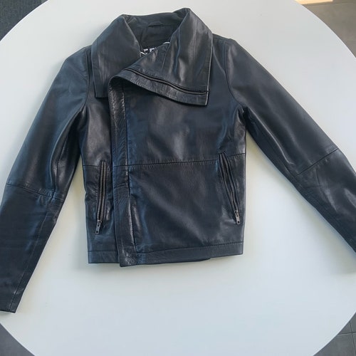 Black Asymmetrical Leather shops Jacket Fitted