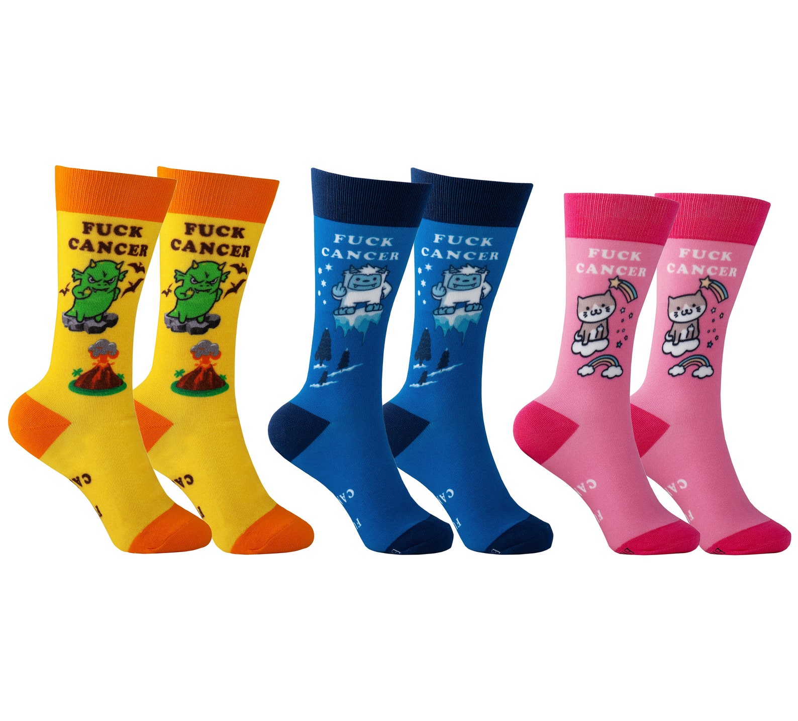 3 Pack Fuck Cancer Novelty Sock Blue/pink/yellow Cancer Survivor