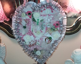 Fabric Heart Christmas Ornament, Vintage Junk Journal Snippet Hanger