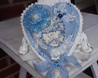 Hand Made Embellished Fabric Heart, Heart Ornament,Light Blue Wedding,Decor