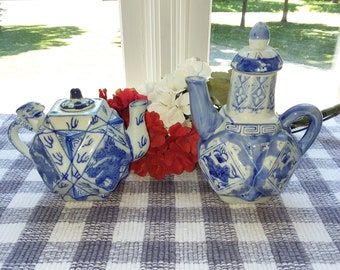 Miniature Blue and White Chinese Teapots, Asian Porcelain Pair