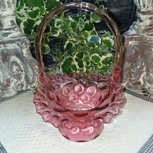 Fenton Cranberry Thumbnail Basket,Fenton Thumbnail Basket,Fenton Cranberry Basket,Fenton Cranberry Thumbprint