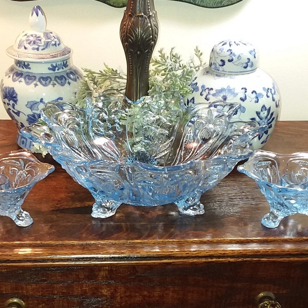 Cambridge Glass Blue Everglades,Cambridge Centerpiece and candleholders,Cambridge centerpiece bowl,Cambridge candleholders,victorian glass