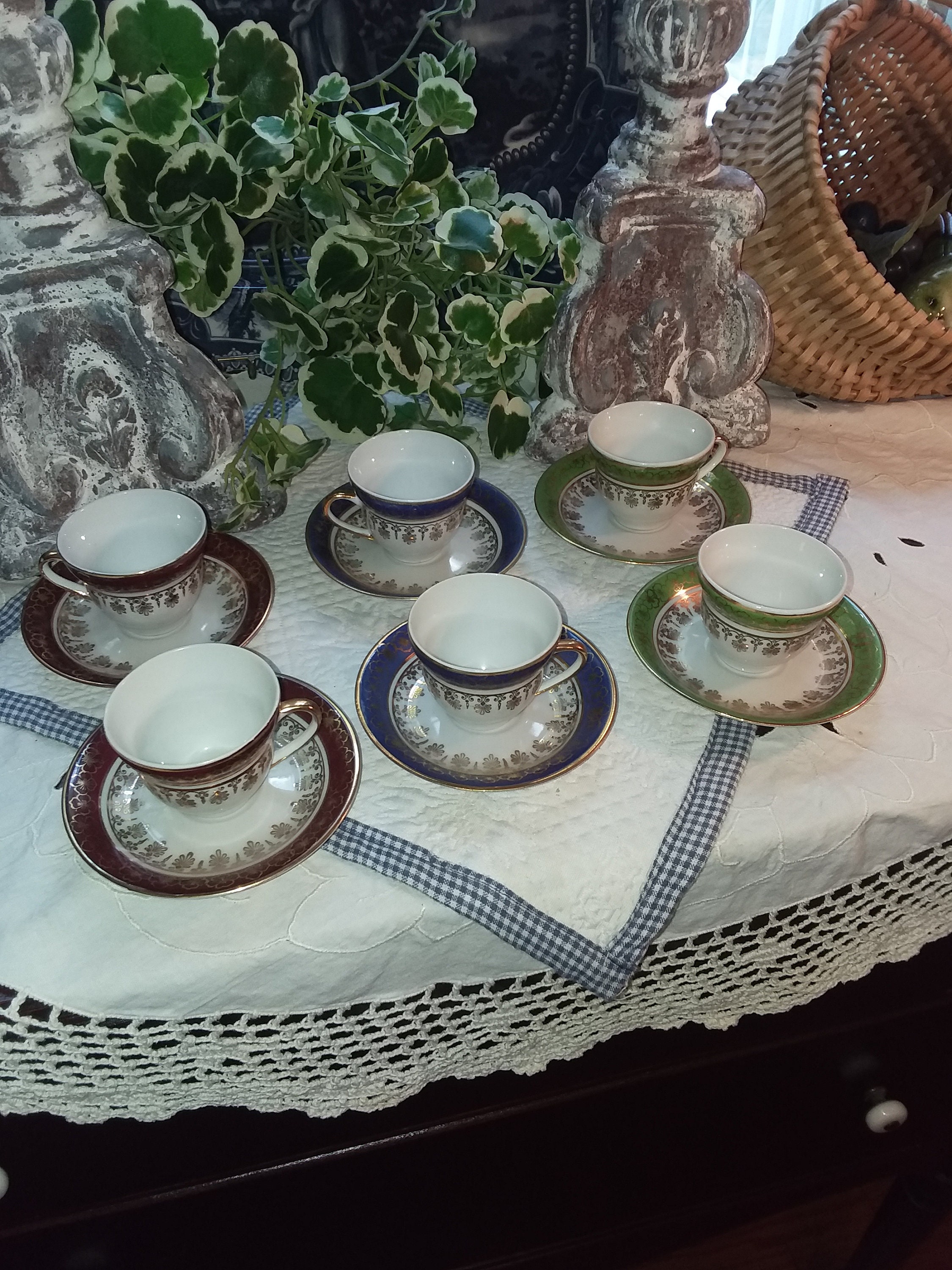 TURKISH PITCHER & 6 SMALL CUPS MARMARIS COBALT BLUE FLORAL PEACOCK GOLD  TEA SET