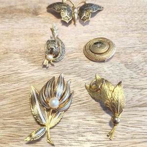 May include: An assortment of vintage brooches in gold and silver tones. The collection includes a butterfly, a floral design with a pearl, a round locket with a starburst design, and two leaf-shaped brooches. The brooches are displayed on a wooden surface.