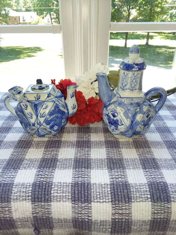 Miniature Blue and White Chinese Teapots, Asian Porcelain Pair