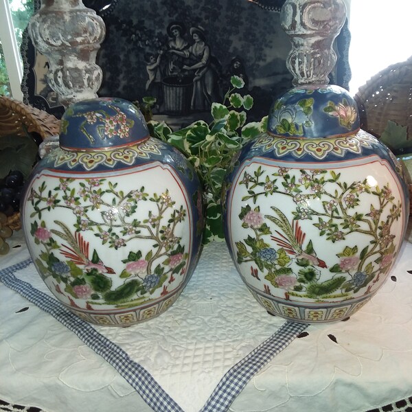 Pair of Matching Asian Multicolored Ginger Jars,Pair of Colorful Ginger Jars,Pair of Pastel Ginger Jars,Pair of Ginger Jars,