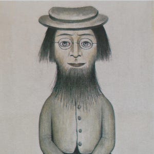 May include: A drawing of a person with a long beard, wearing a gray hat, glasses, and a gray jacket. The person has a neutral expression.