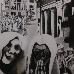 Edward Burra Vintage Print 1986 | &quot;The Three Fates&quot; (1937) | Home Decor | Double Vintage Print | Wall Decor | Black & White | Wall Art