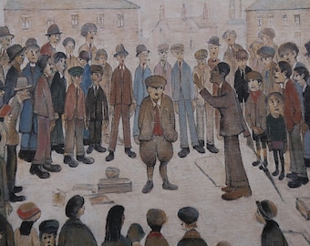 May include: A painting depicting a group of people gathered in a street scene. The people are dressed in simple clothing and appear to be listening to a man speaking. The scene is painted in a realistic style with muted colours.