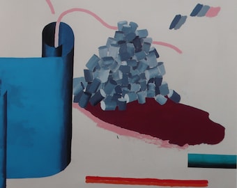 May include: Abstract painting with a blue, pink, and red color scheme. The painting features a blue cylinder, a pile of blue squares, and a pink and red abstract shape.