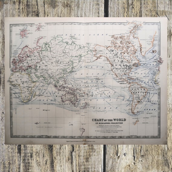 アンティーク世界地図：1882年メルカトル図法、キース・ジョンストン