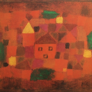 May include: An abstract painting depicting a village with red, orange, yellow, green, and brown houses. The houses are arranged in a grid pattern and are surrounded by trees. The painting is in a style reminiscent of the early 20th century.