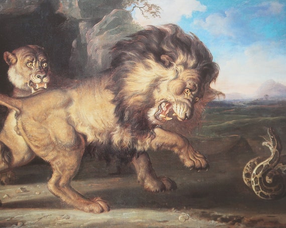 ラデン・サレ ヴィンテージ プリント 1997 | 「洞窟の外で戦うライオン