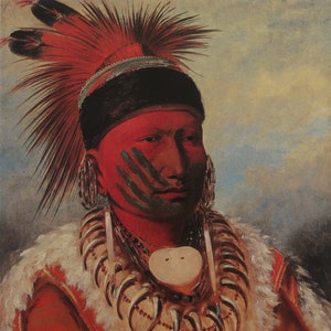 May include: A portrait painting of a Native American man wearing a red and black feathered headdress, a bone necklace, and a white shell pendant. He has red paint on his face and a green handprint on his cheek.
