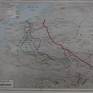 Mapa del Atlas de Harmsworth de 1920 "Las principales líneas de batalla del frente occidental" / Mapa en color antiguo genuino / Más de 100 años