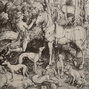 Albrecht Durer Vintage Print 1992 | &quot;The Vision of St Hubert&quot; (1501) | Home Decor | Wall Art | Art Print | Animal Print | Wall Decor
