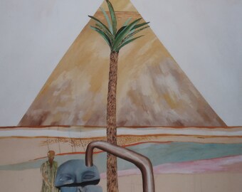 May include: A collage artwork featuring a brown pyramid, a green palm tree, a brown pipe, and a gray face sculpture. The background is a light brown with a blue and pink stripe.